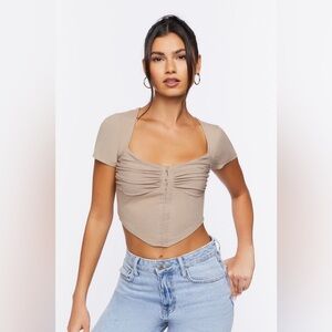 NWOT! Ruched Rib-Knit Crop Top, Hook & Eye, Color Tan, Size Large